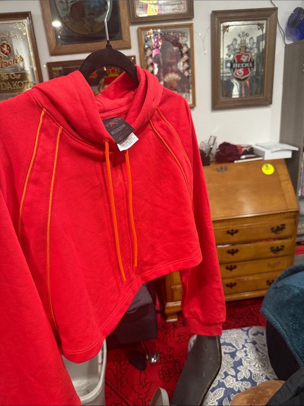 Jordan Red Cropped Hoodie with Orange Trim